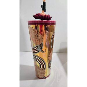 Starbucks Christmas Tumbler Gold Flower Floral 2024 Straw Topper 24 oz NWT